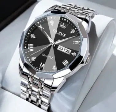 OLEVS men's watch by L featuring a sleek design with a round face and leather strap, perfect for casual or formal wear.