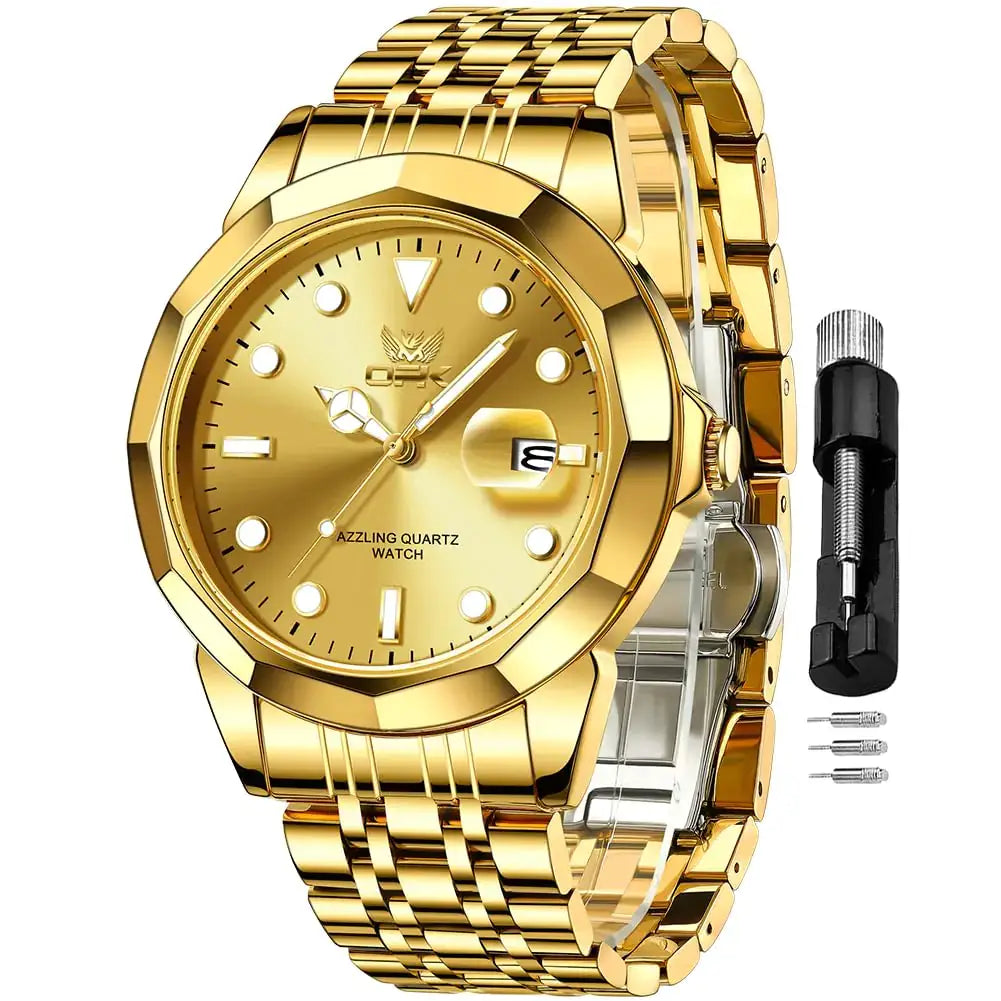 L Men Gold Watch with large analog display, stainless steel band, waterproof design, and luminous features.