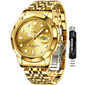 L Men Gold Watch with large analog display, stainless steel band, waterproof design, and luminous features.