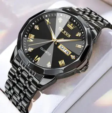 OLEVS men's watch by L featuring a sleek design with a stainless steel band and a stylish round dial.