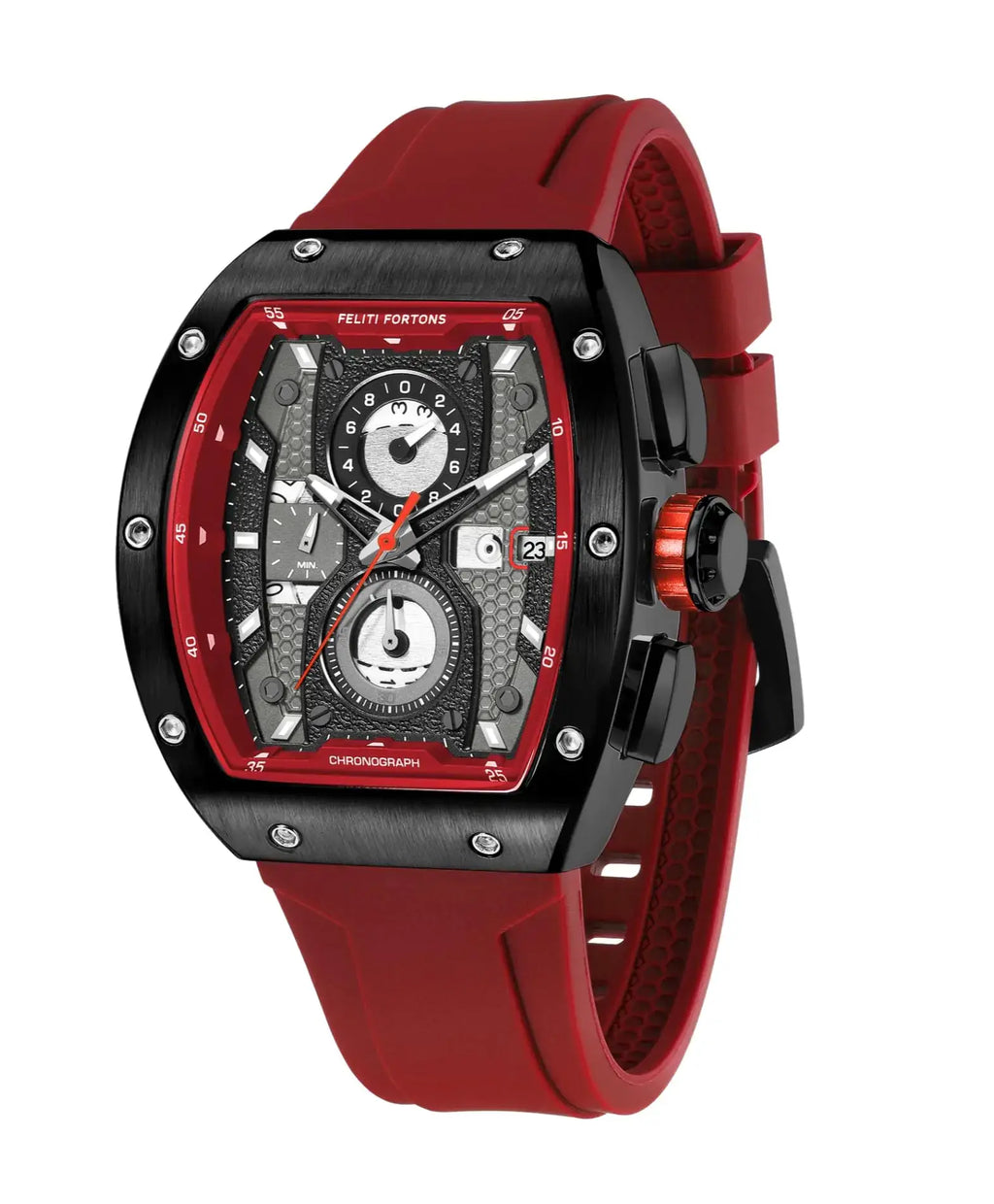 FELITI FORTONS men's sport watch with tonneau case, silicone strap, luminous display, and 3ATM waterproof chronograph.