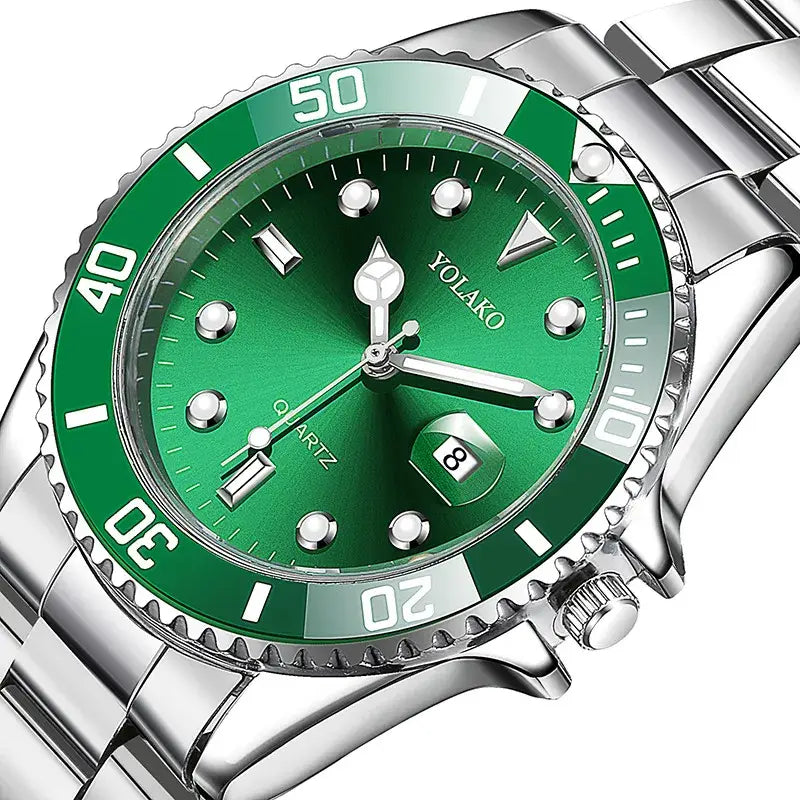 Wristly YOLAKO affordable stainless steel watch for men with green dial and silver band angled view