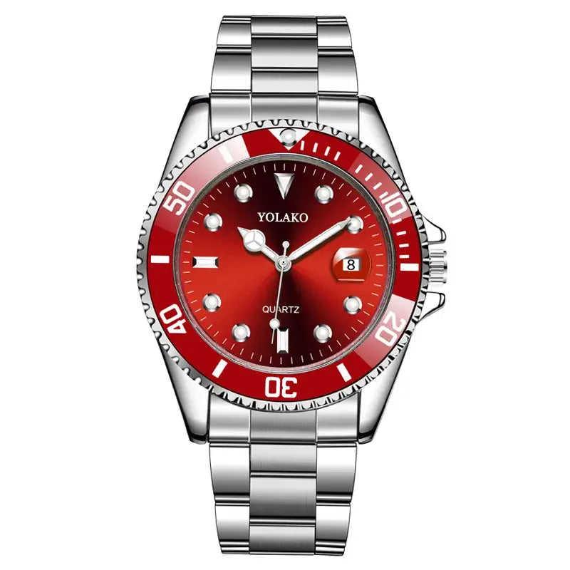 Wristly YOLAKO affordable stainless steel watch for men with red dial and silver band front view