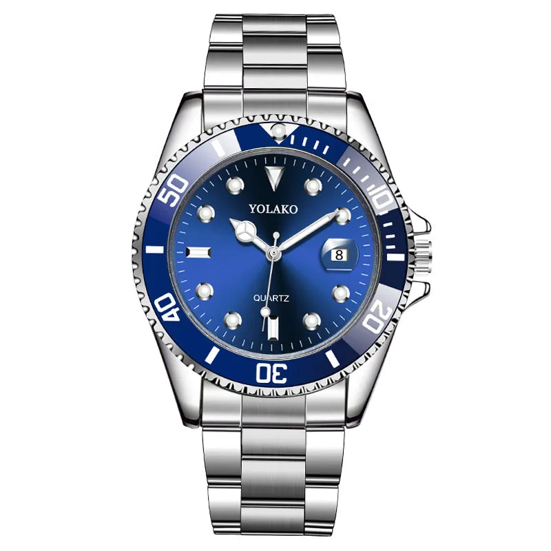 Men's silver stainless steel watch with blue dial and date display by Yolako
