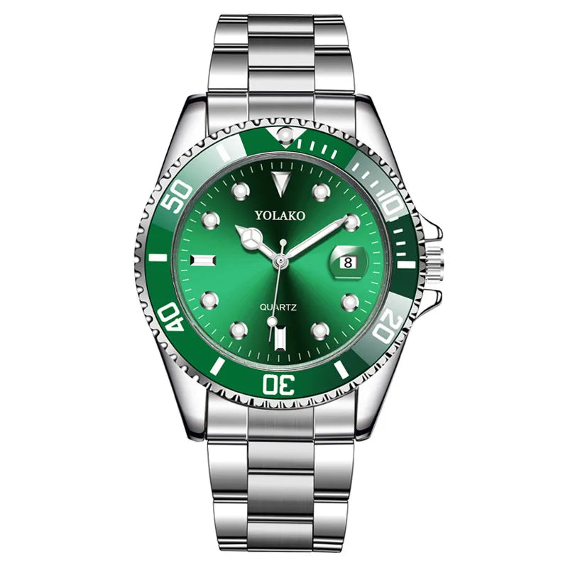 Men's silver stainless steel watch with green dial and date display by YOLAKO