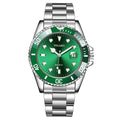 Men's silver stainless steel watch with green dial and date display by YOLAKO