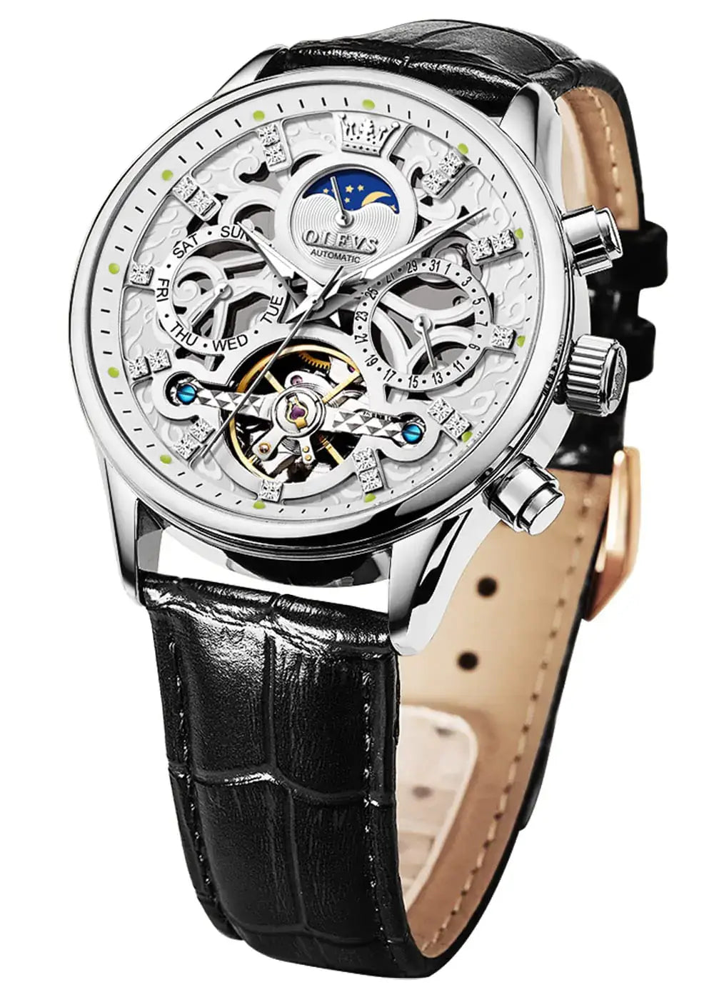 OLEVS men's skeleton watch with automatic movement, black leather strap, moon phase display, and luminous features.