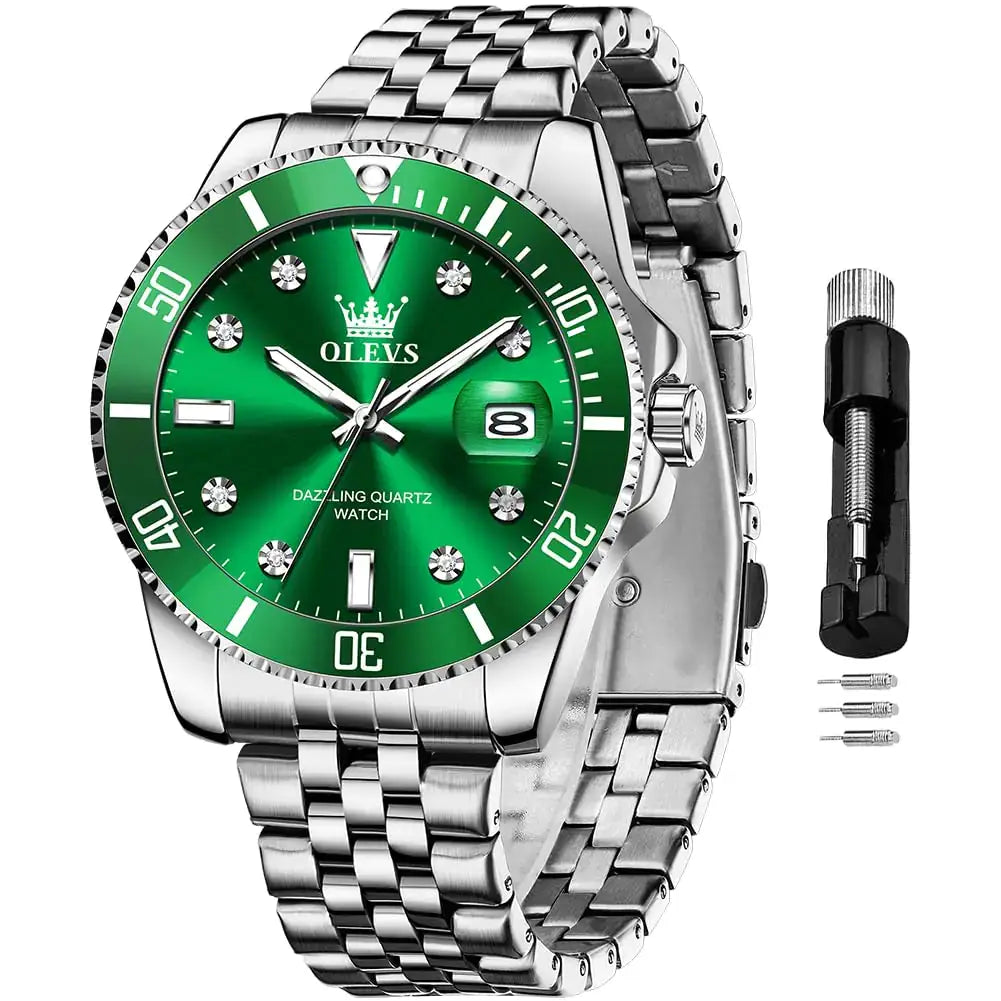 OLEVS green men’s watch with large silver dial, stainless steel band, and date feature, ideal for casual and dress wear.