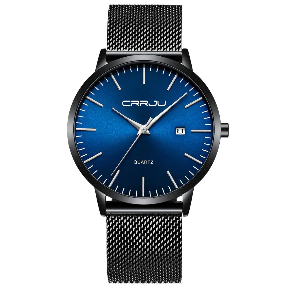 L CRRJU premium affordable watches black mesh band blue dial front view