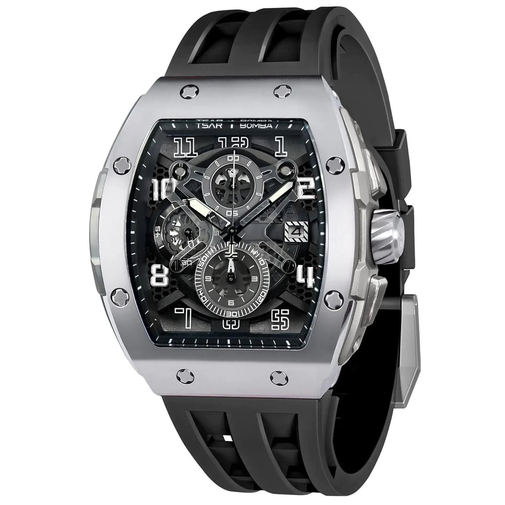 L brand affordable quality watches men's black rubber strap silver case chronograph