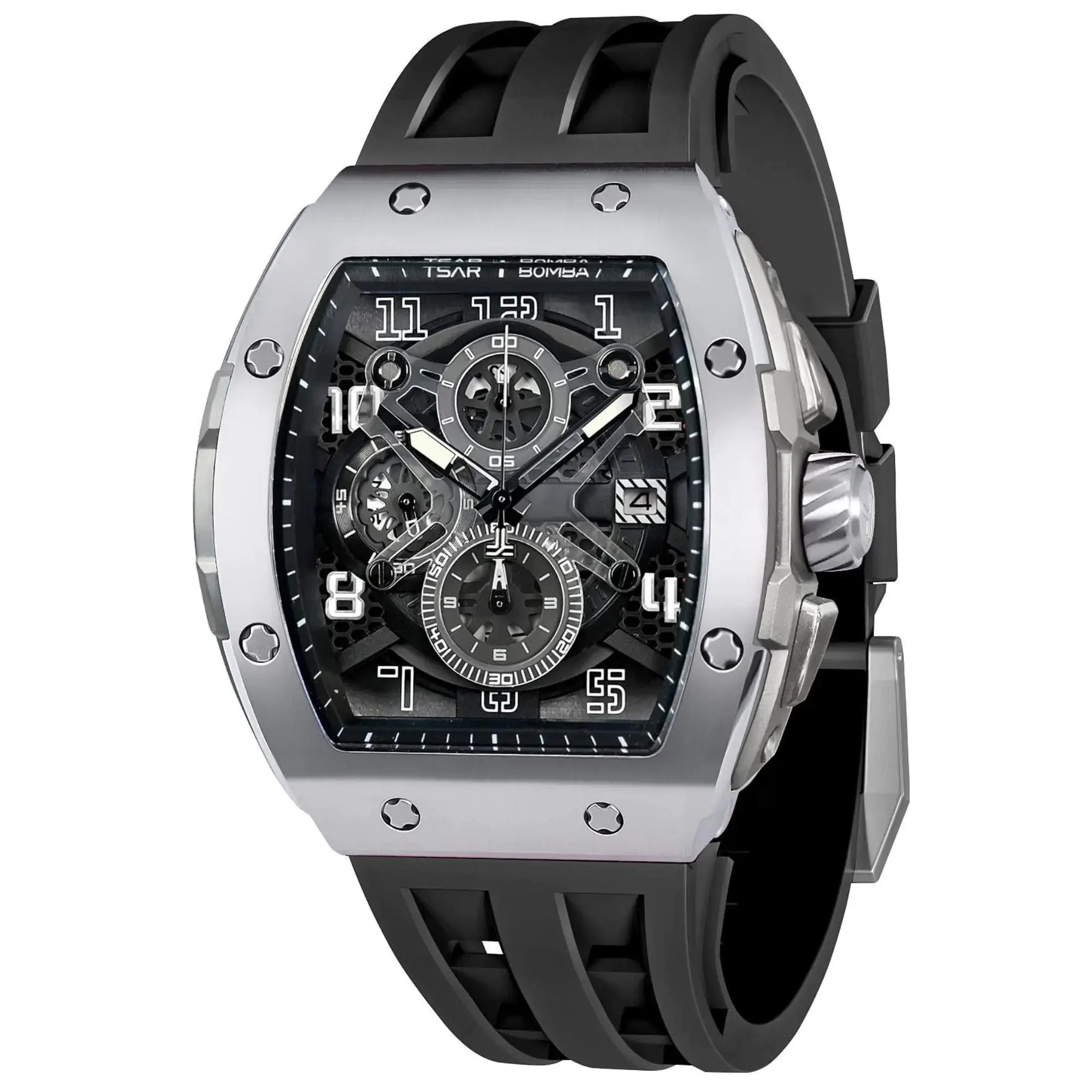 L brand affordable quality watches men's black rubber strap silver case chronograph